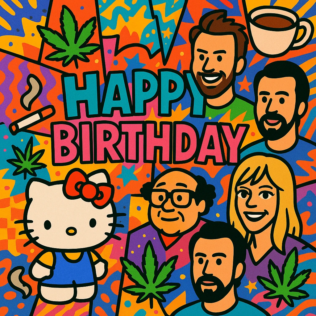 maximalist birthday message collage with Hello Kitty, It's Always Sunny in Philadelphia cast, coffee cups, cigarettes, cannabis leaves, vibrant chaotic colors and patterns emoji
