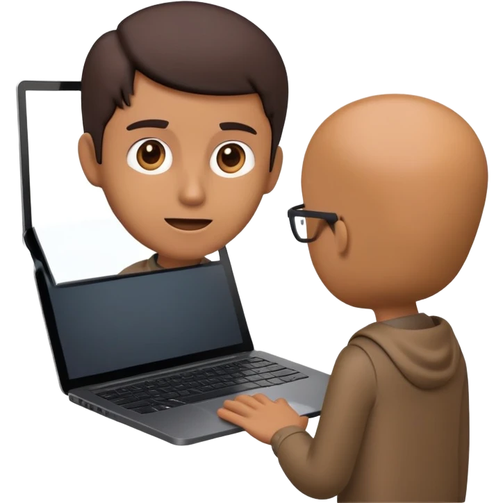 A dark-colored laptop with the screen open. From the screen, a person is emerging, giving a lecture or teaching. The person should look expressive and in a teaching pose. Soft shadows, semi-3D emoji style, clean background. emoji