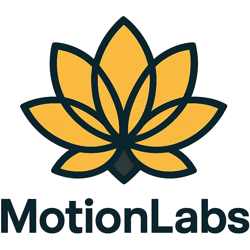 luxury logo for MotionLabs with geometric lotus symbol, colors #ffa31a, #292929, #1b1b1b emoji