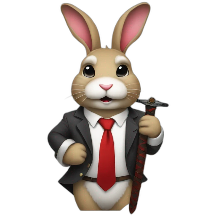 Bunny with sword in back with rugged smiley face with red tie in his neck emoji