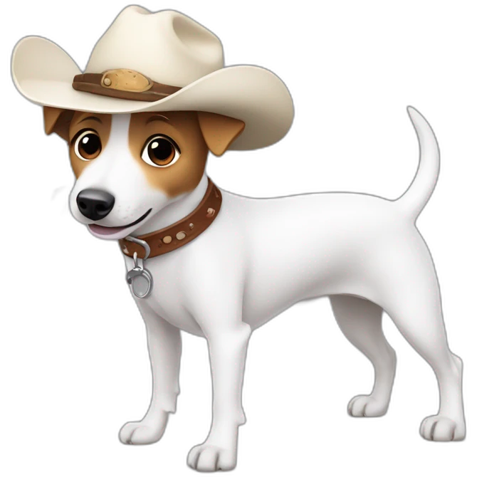 White jack russell terrier wagging his tail and wearing a cowboy hat emoji