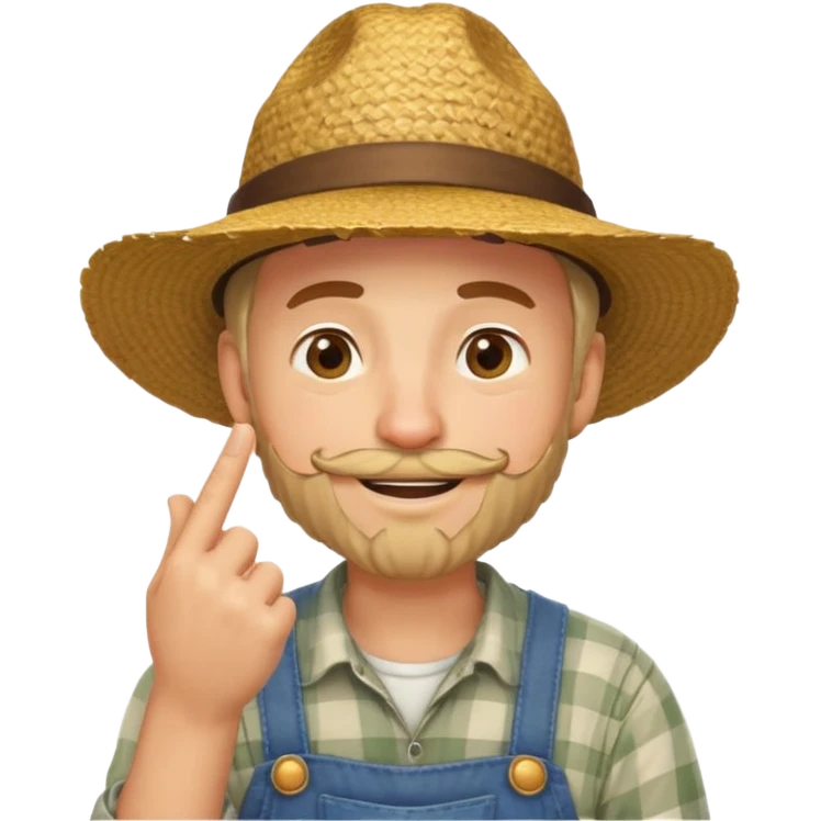 “A single emoji-style character combining 👨‍🌾😄 and 🤔: a smiling farmer man with a straw hat, friendly face, and light beard, holding one hand under his chin in a thinking gesture. His index finger rests under his face, eyes looking slightly upward as if thinking.  emoji