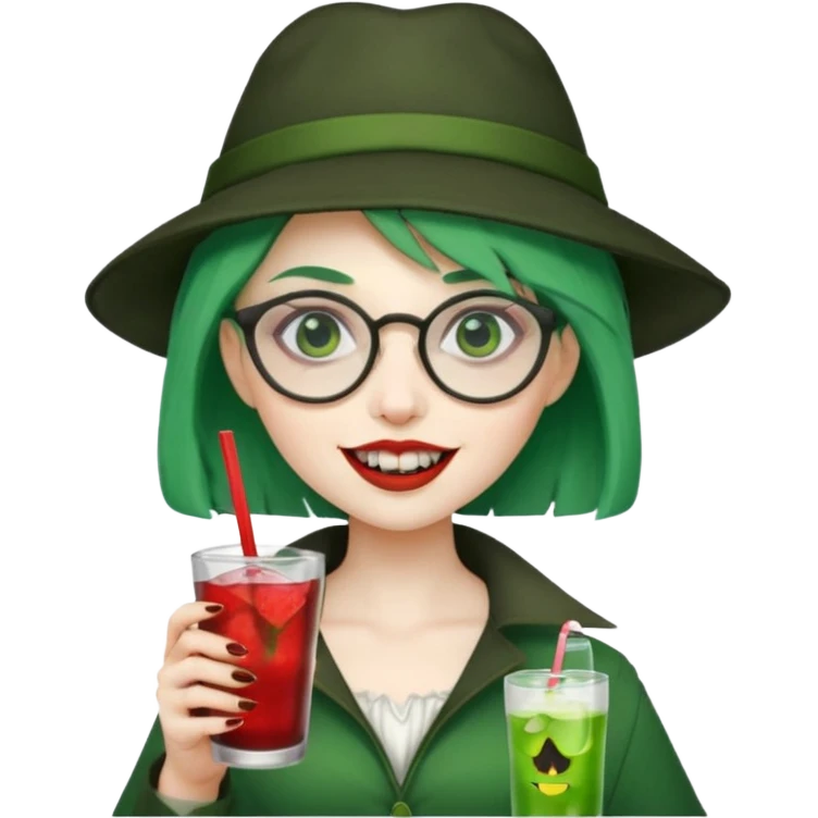 vampire green hair Drink holders with hat, wearing glasses, female,,teeth looks like vampire emoji