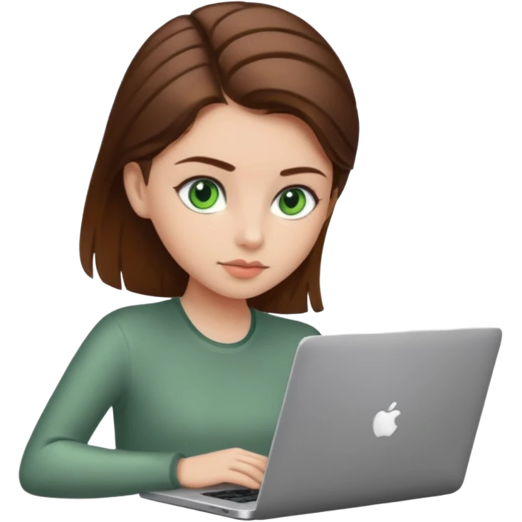 fată cu ochi verzi și păr șaten strâns în partea din spate a capului, lucrând pe un laptop emoji