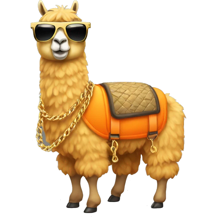llama wearing an orange puffer vest and sun glasses full body gold chain emoji
