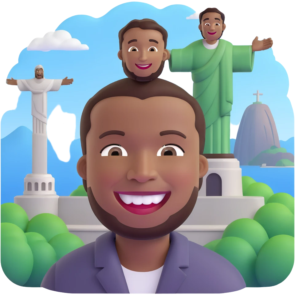 smiling black man with big teeth, standard male haircut, oval face, with Christ the Redeemer statue in the background, Rio de Janeiro, no glasses emoji