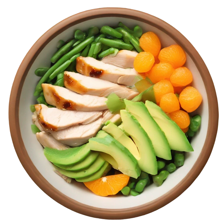 Poke bowl with chicken, avocados, mandarins, cucumbers and green beans; side view emoji
