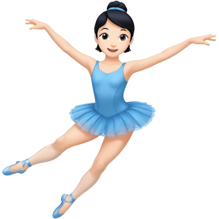 A lively black hair ballerina in a blue outfit, jumping mid-air with a bright smile. emoji