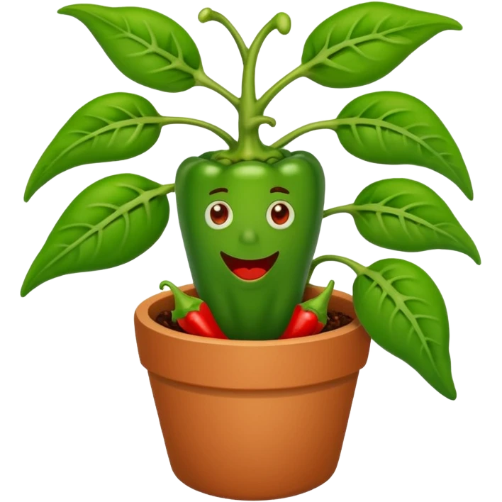 Potted green pepper plant with small chili peppers growing on it emoji
