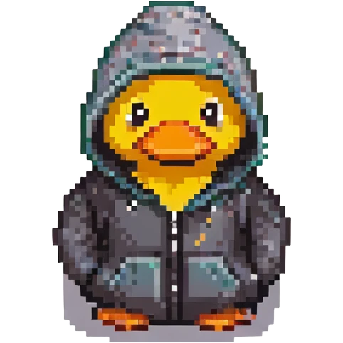 black rubber duck with tiny hoodie, hacker emoji