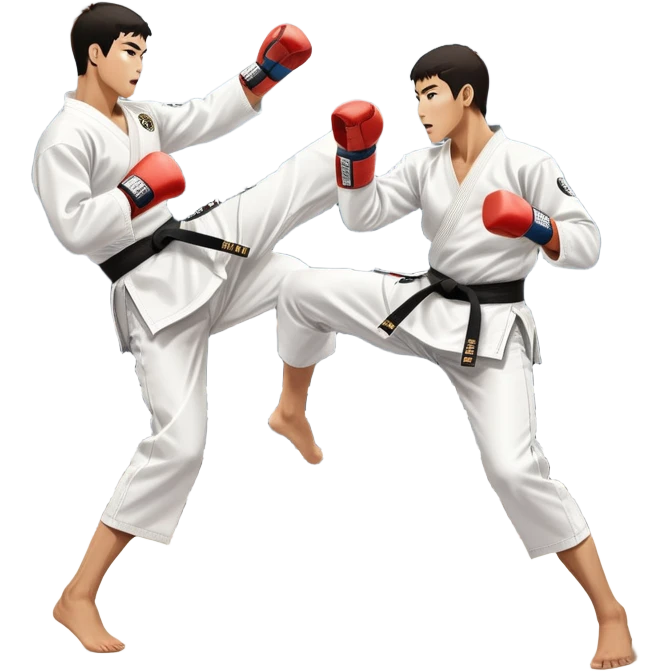 Two taekwondo fighters in traditional white doboks with black belts. One delivers a powerful kick, while the other defends by blocking with his knee. The background shows a professional arena with bright lights and an excited crowd. Transparent background highlights the intense action emoji