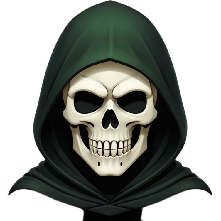 Icon of the Grim Reaper's face. His skull is stylized, his hood is tattered. He is [например: winking with a sly grin]. Clean, flat vector art, high contrast. Stylized as a modern logo or a medieval woodcut. Strictly black and white with one accent color like dark moss green or deep crimson.  emoji