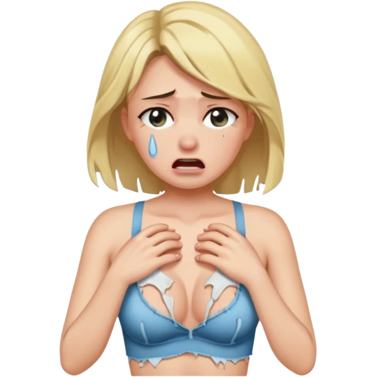 Mulher jovem chorando muito com as roupas rasgadas e sutiã aparente emoji