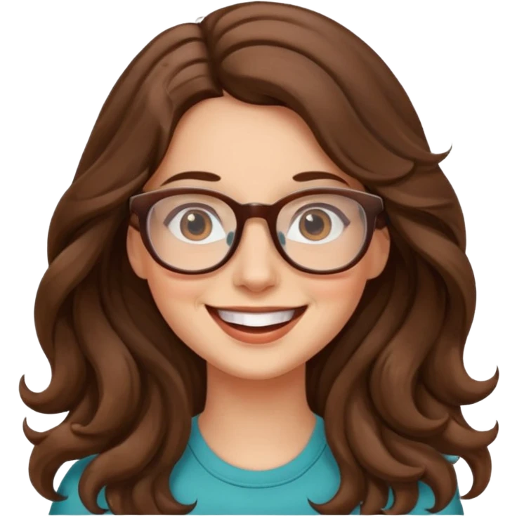 happy woman with long wavy brown hair and glasses emoji