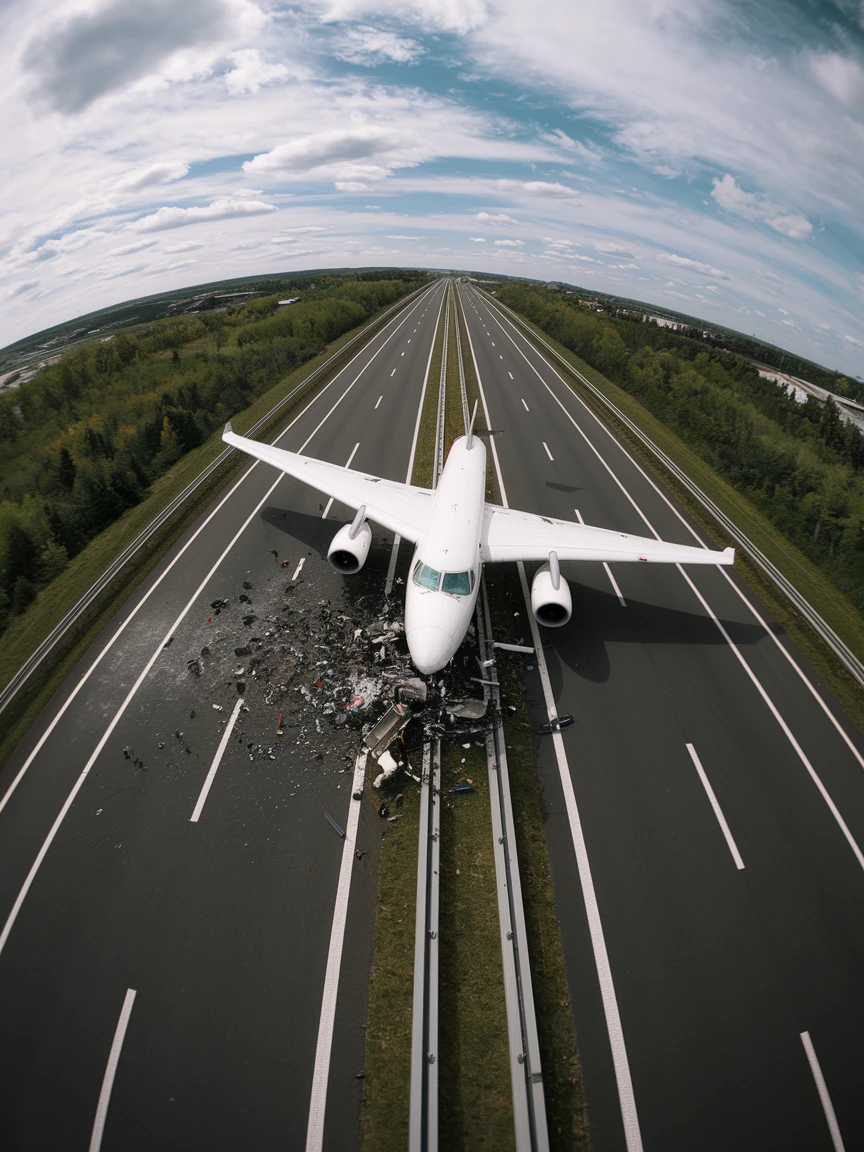 Cinematic still of a plane crash on highway, captured by gopro hero with effect fisheye emoji