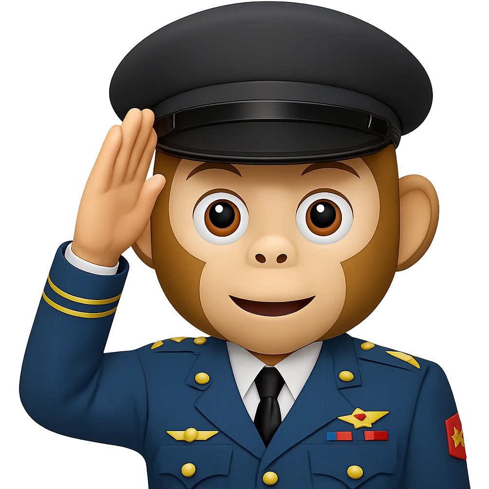 Add a classic military hat to the monkey face performing a military salute in emoji style with transparent background. emoji