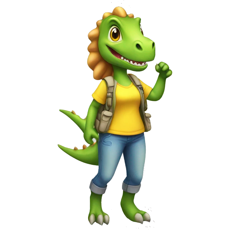 Female dinosaur with Yellow shirt and earrings exploring the nature  emoji