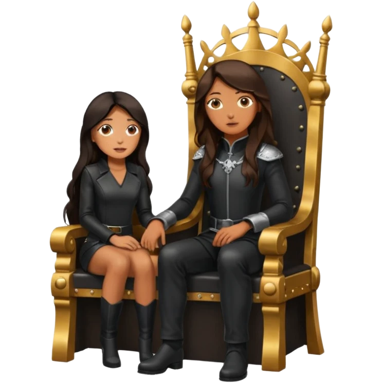 Tan skin with freckles, long dark hair, hazel eyes Dominatrix sitting on a throne. Man worshipping at her feet.  emoji