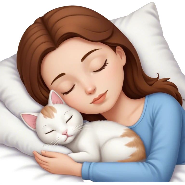 White girl brown hair sleeping with white kitty emoji