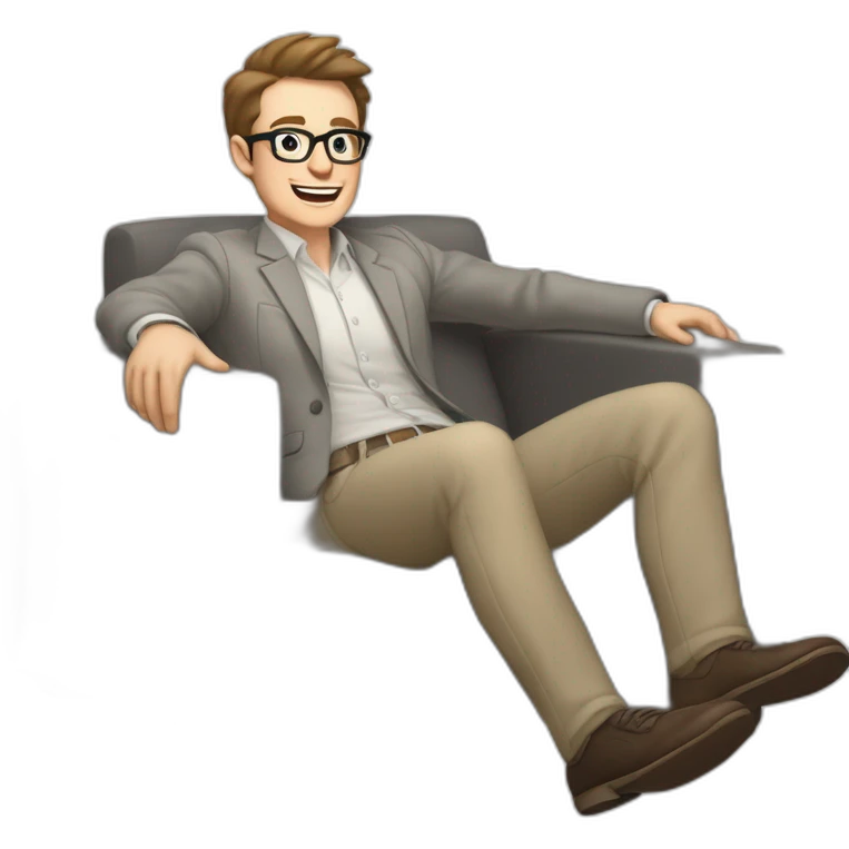 Joyful Celebrating victory Pale skinned Fit Man With dark brown hair in gray jacket, beige office shirt, Brown pants and vintage glasses sitting In a soft chair emoji