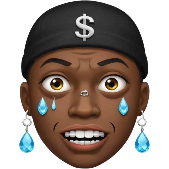 grimacing face with flashy iced out grill, teardrop and dollar sign tattoos, tough gangster look emoji