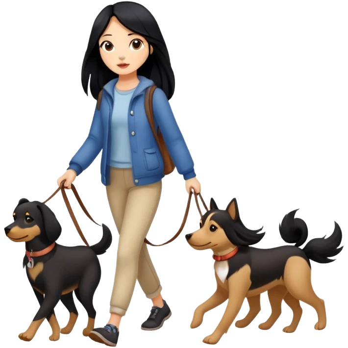 A girl with long black hair walking with three dogs emoji