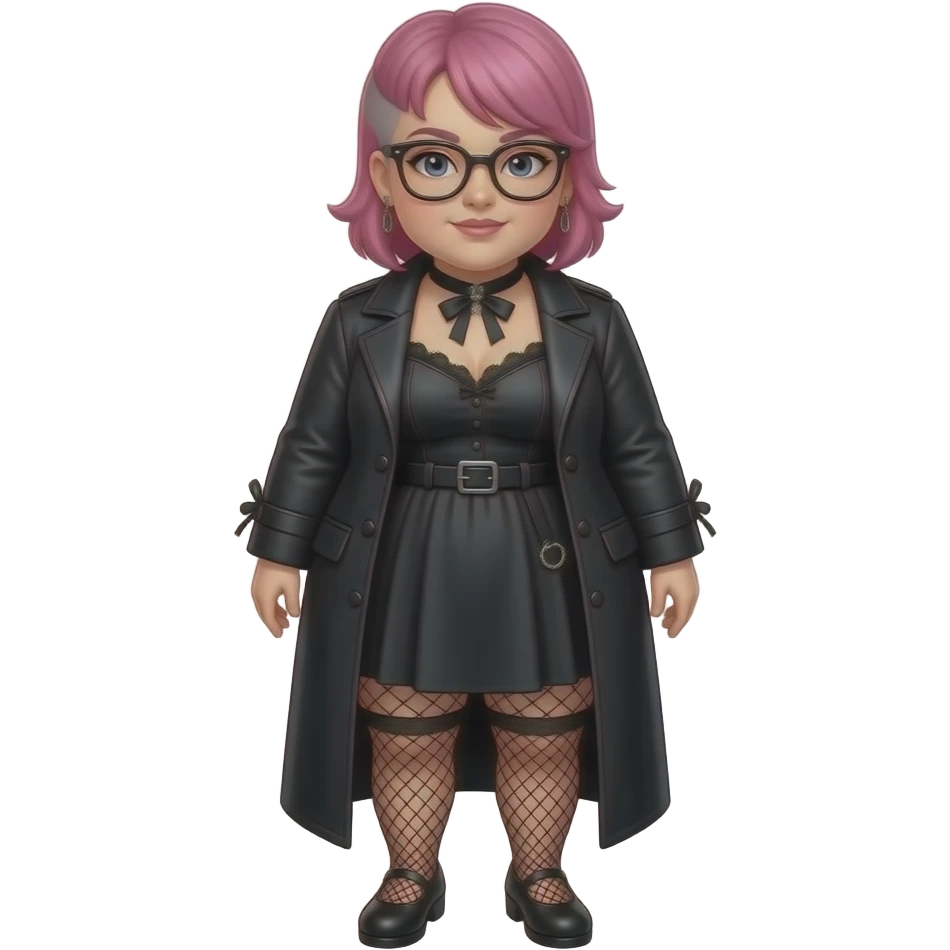 Full body from head to toe obese woman with pink hair buzzed on the sides. Shes dressed goth. She is wearing glasses.  Hair is short but buzzcut down the sides emoji