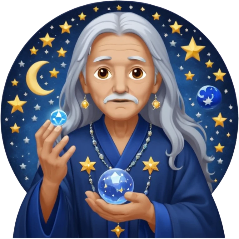The Dream Interpreter will be depicted as an elderly figure with long, silver hair and a piercing gaze.  He will be dressed in a long, dark blue robe, decorated with embroidered stars and moons.  🌟 He will hold a crystal ball 🔮 in his hand, in which hazy images of dreams can be seen emoji