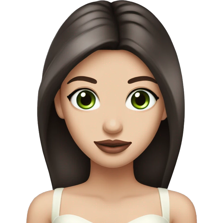 beautiful girl with high cheek bones, long straight shiny dark brown hair, big green eyes and big pale pink lips. Wearing a cream bustier emoji