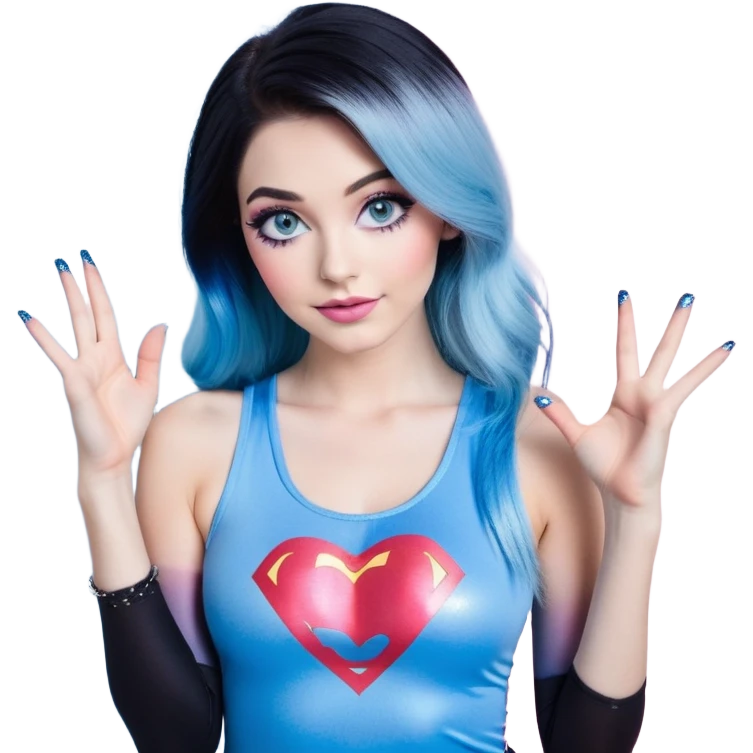 Tall-very large chest-hand heart emoji-long legs-model beautiful face-black leggings-hands making heart emoji-light-pink-lips-very long-very-straight-dark-blue-ombre-hair-and-blue-eyes-thick-black-eyeliner-thick-long-eyelashes-sky blue with glitter superman low cut tank top-silver-hoop-earrings emoji