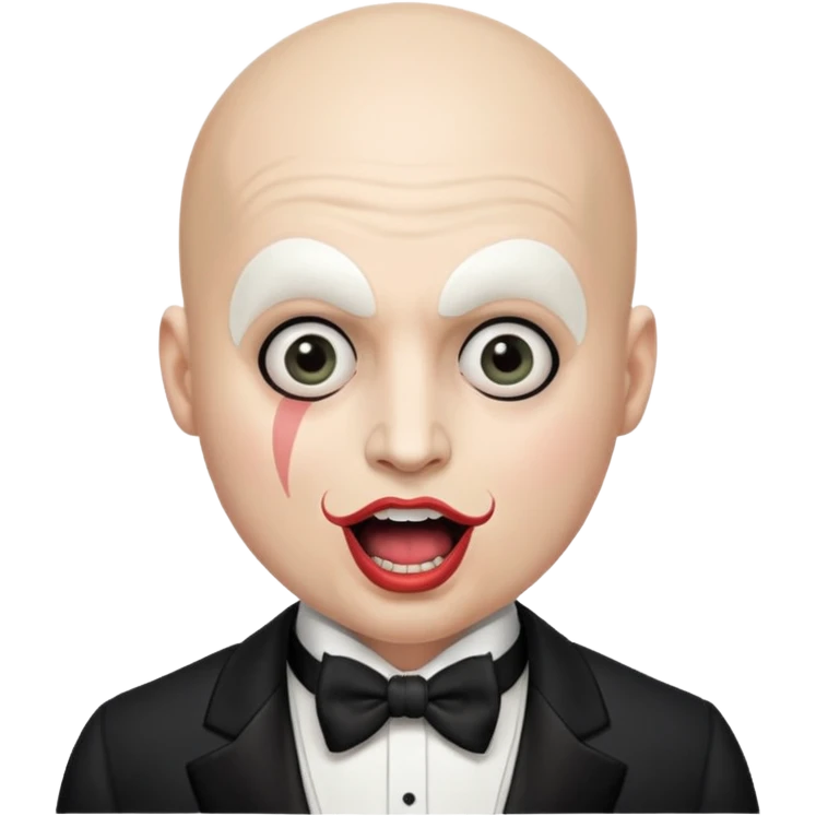 a bald cabaret actor with a white-painted face and heavily made-up eyes and mouth, a huge, wide-open mouth, and a startled look emoji