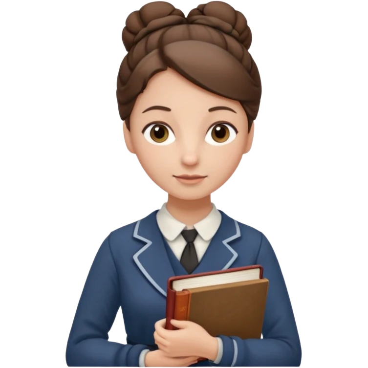 a young female teacher, modest, poor, kind, 20th century clothes, holding an English book, her brown hair tied in a bun emoji