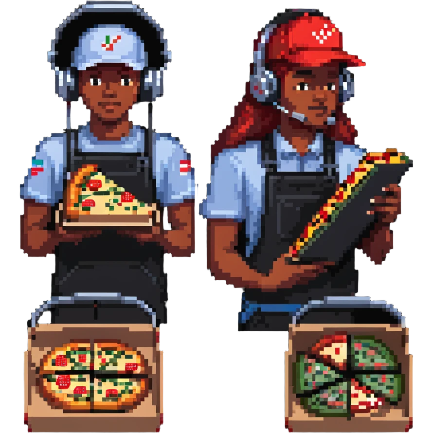 Verizon workers holding perk items, like headphones and pizza emoji