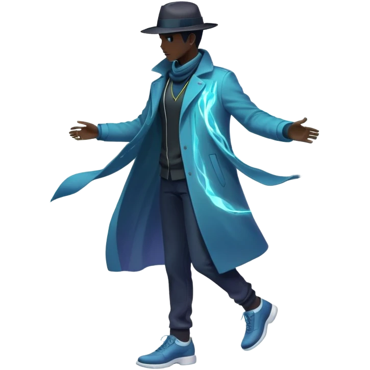 Male silhouette with flowing energy aura around it and small style elements like hat, jacket and shoes orbiting around, ethereal masculine style inspiration emoji