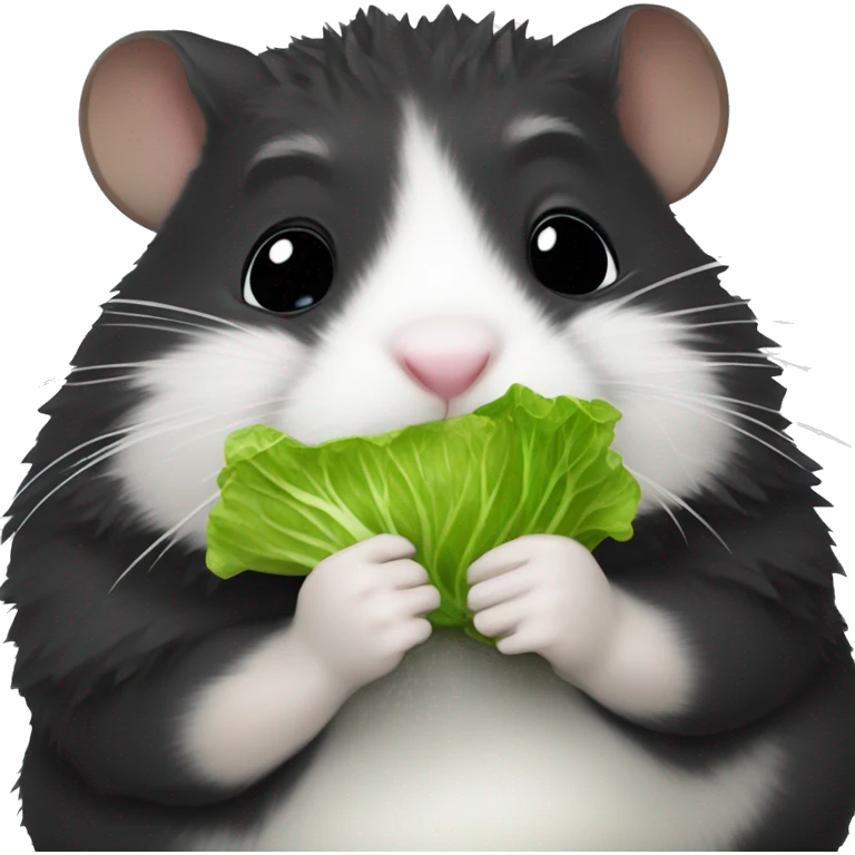 chubby realistic black fuzzy hamster eating a small piece of lettuce emoji