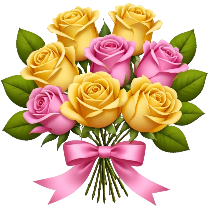 A bouquet of flowers, composed of pink and yellow roses, four blooms in total, tied with ribbon. emoji