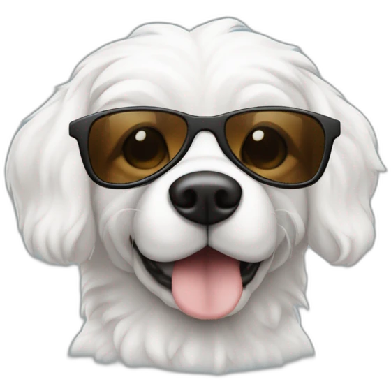 Un perro blanco con manchas marrones con gafas de sol emoji