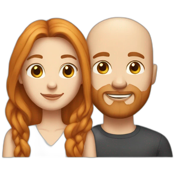 Bearded bald white brunette man and girlfriend with long ginger hair emoji