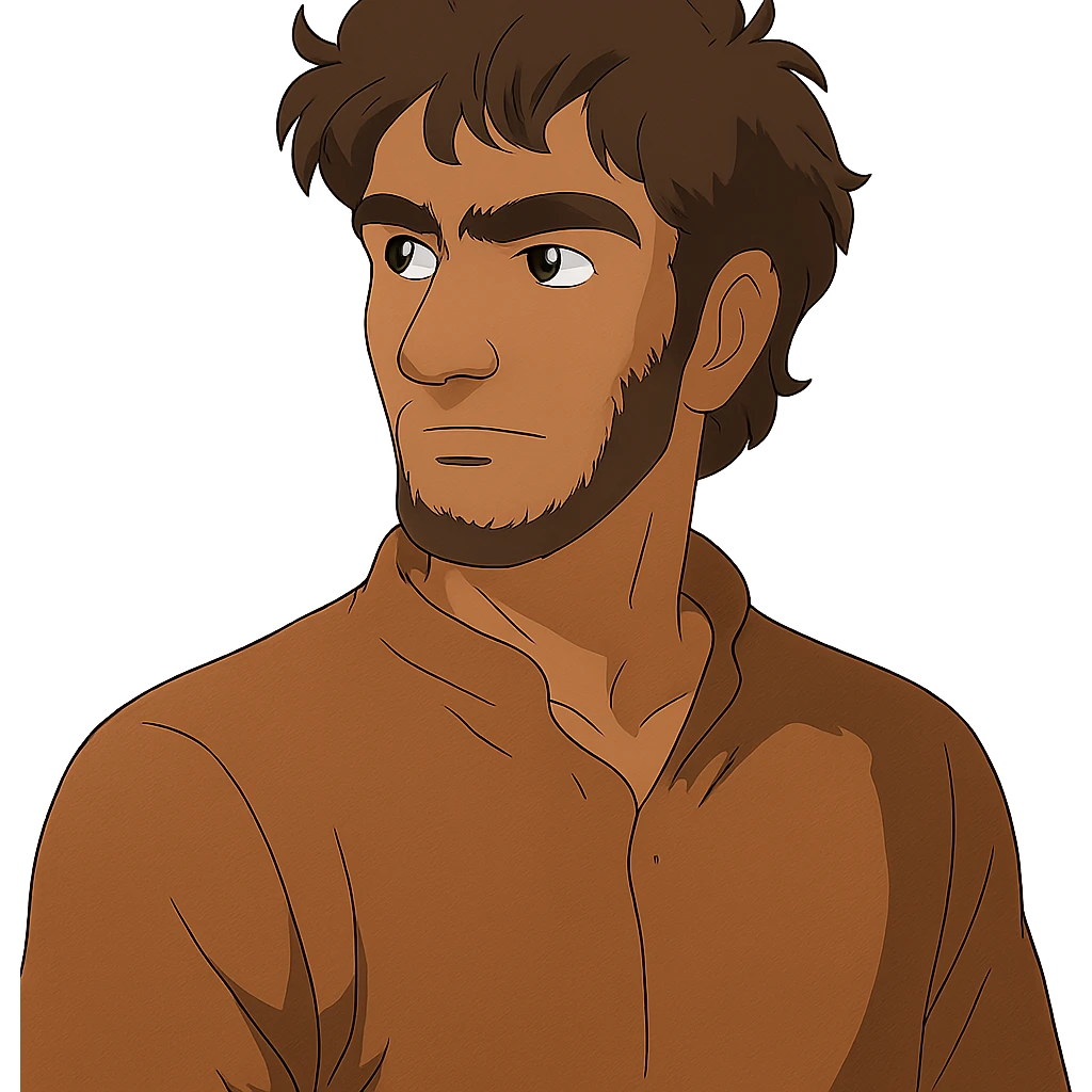 A Tajik man with medium to tall height, well-defined features, slightly curved nose, dark-brown eyes, thick eyebrows meeting above the nose, slightly wavy hair, and rich brown skin emoji