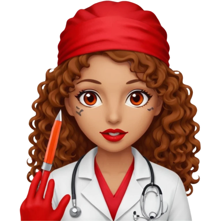 Scary woman scalpel in hand, evil surgeon sexy surgeon clothes.  She has red eyes. Her  brown long curly hair. Wears sexy doctor outfit with red gloves. Only uses red bandanna  to hide her face mouth with red bandana to hide her identity emoji