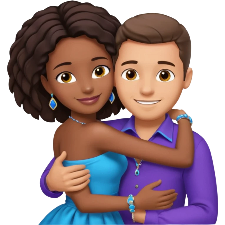 Tan brunette European male in blue shirt smiling and hugging a jet black African girl in purple strapless dress and blue jewelry emoji