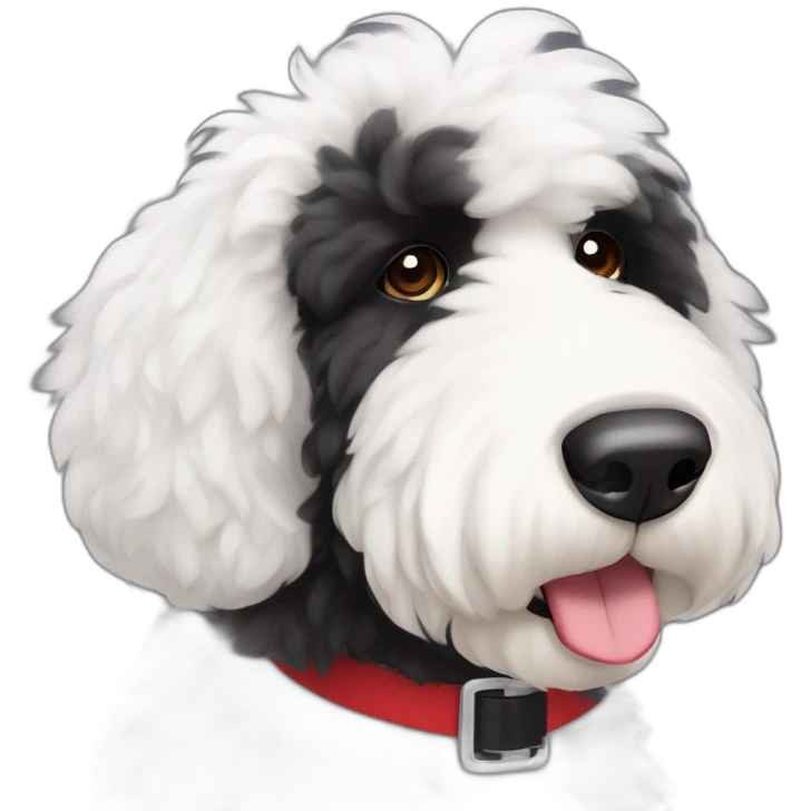 handsome sheepadoodle, white center of chest, black shoulders, red collar, white on thin center of face and mustache, black fur on eyes and outside of face,nice mustache, great posture emoji