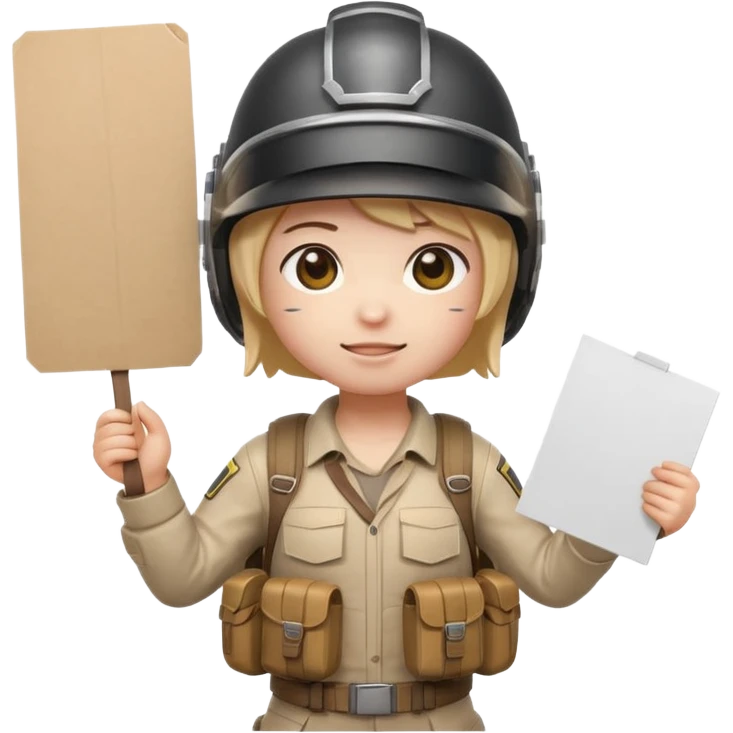 Create a cute emoji-style PUBG Mobile character, chibi version with helmet and backpack, standing in victory pose, holding a blank white sign or paper sheet in both hands in front of chest, ready for text, clean white background, simple emoji design” emoji