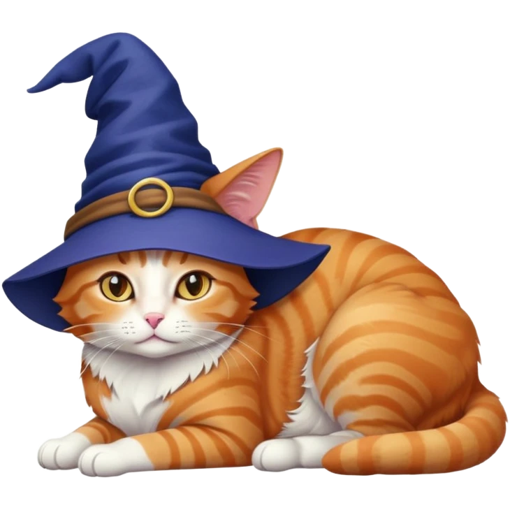 full body ginger tabby cat flopped over on her side wearing an indigo witch hat emoji