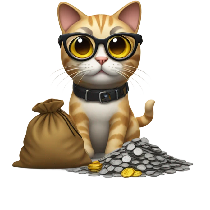 cat in brutal glasses with a bag of coins emoji