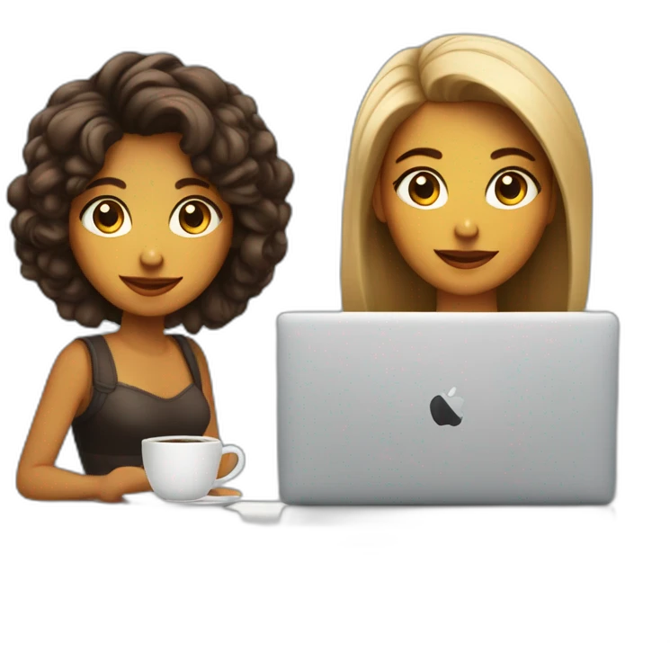 Mujer y joven con cabello melena con MacBook y un cafe emoji