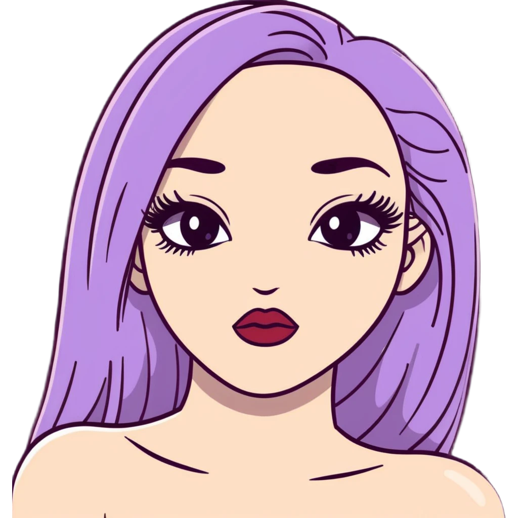 White girl with long oval face, huge round black eyes, big eyelashes, heather berry colored lips, shiny full lips, face closeup with bare shoulders, long straight middle-parted hair emoji