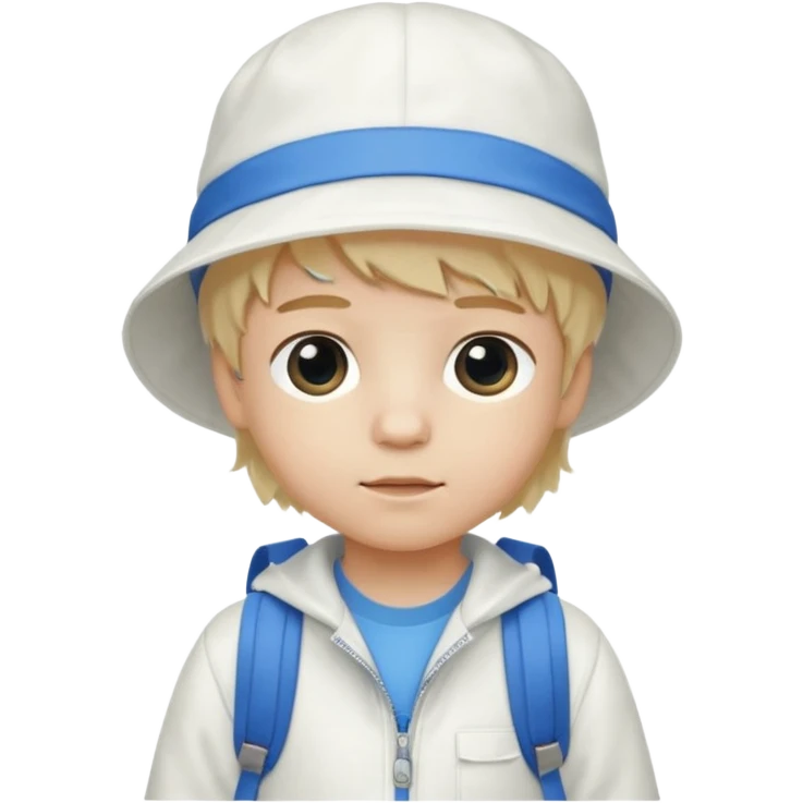 A little boy student white skin, blonde hair, with white bucket hat, white jacket, blue backpack emoji