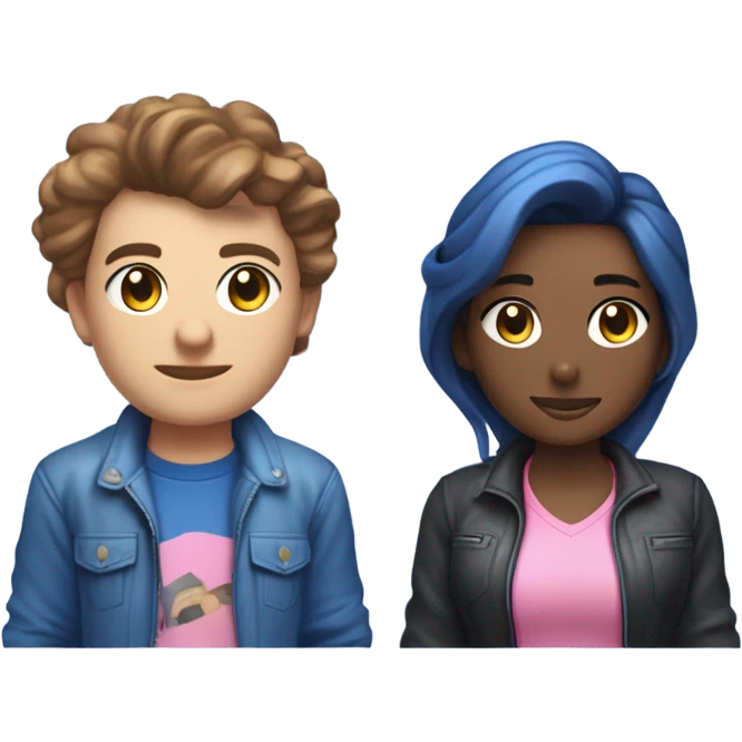 Casal de cor branca cabelos pretos jogando videogame roupas azul e rosa emoji