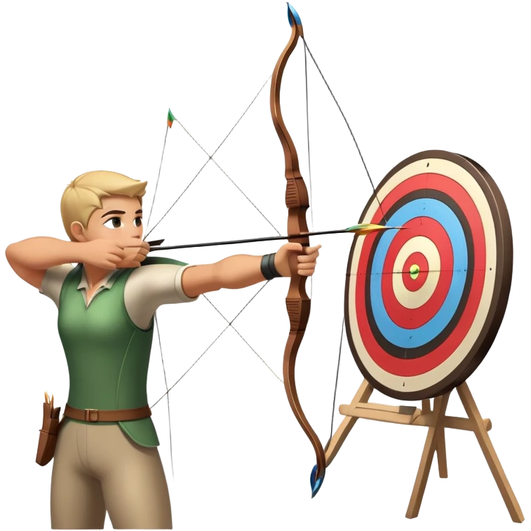 An archer drawing a bow and aiming an arrow at a target, with perfect focus and precision. The target is visible in the background, featuring concentric rings. The scene captures the concentration and skill involved in archery, emphasizing the elegance and accuracy of the sport. emoji